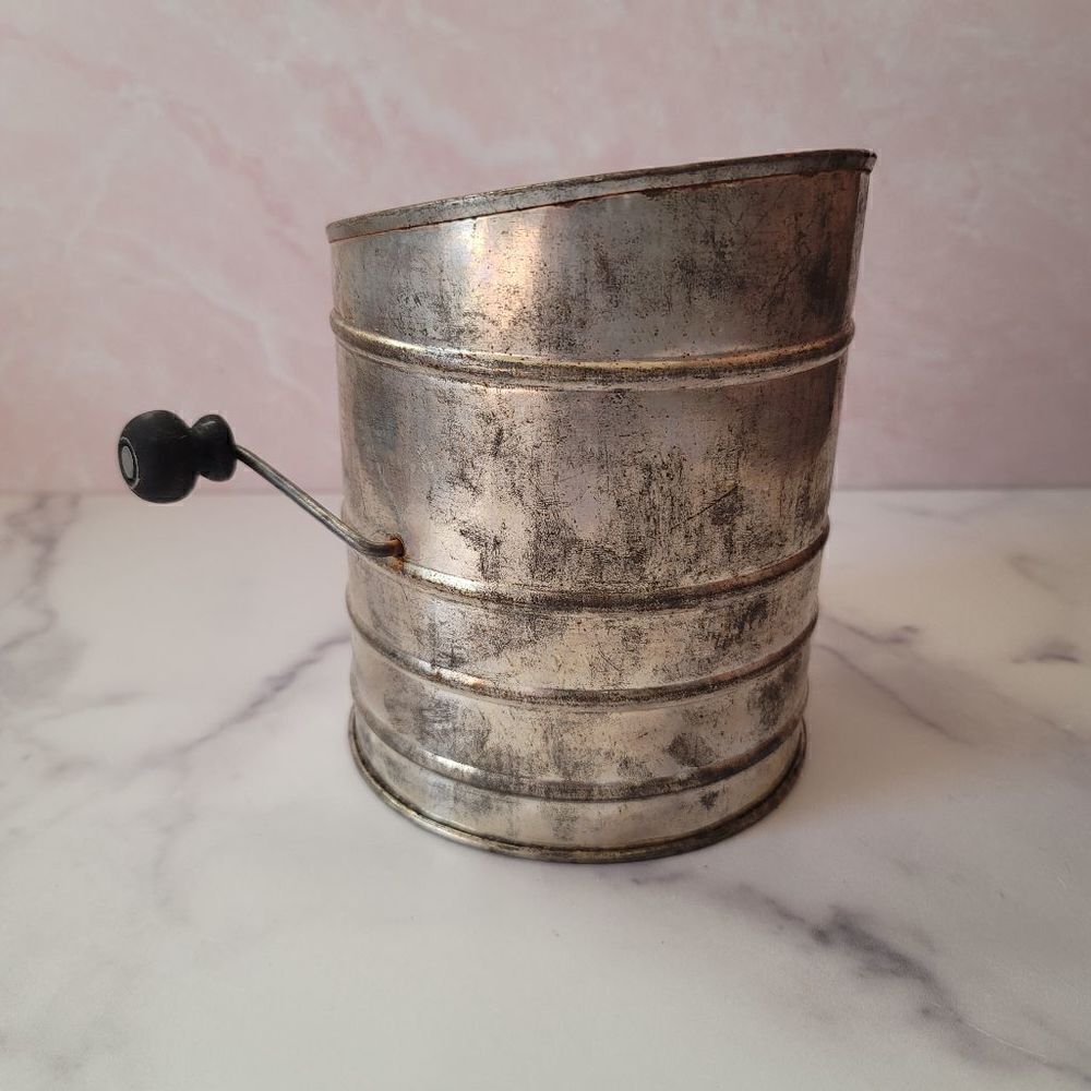 Antique flour sifter metal cylinder farmhouse country cottagecore decor hand cra
